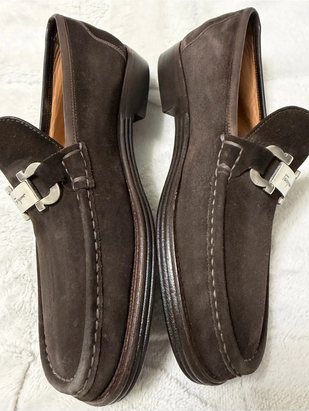 MINT! $950 Salvatore Ferragamo Dark Brown Suede Gancini Buckle Bit Loafers 11 D